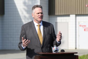 Alaska Gov. Mike Dunleavy speaks at a press conference outside Wasilla Middle School in Wasilla on June 14. The middle school is Dunleavy's suggested venue for a special session of the Alaska Legislature.