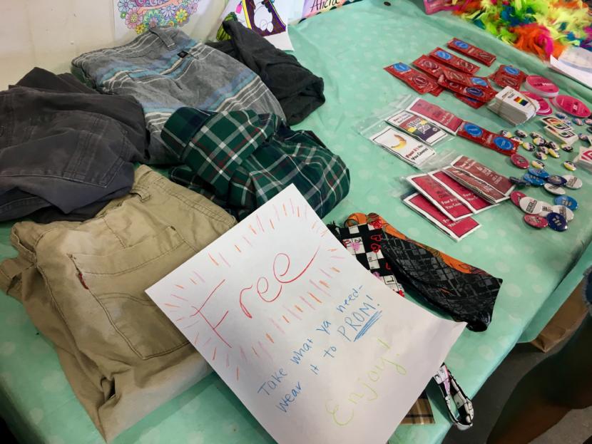 A table at the youth Pride party on June 20, 2019 held both door prizes and free goodies. (Photo by Zoe Grueskin/KTOO)