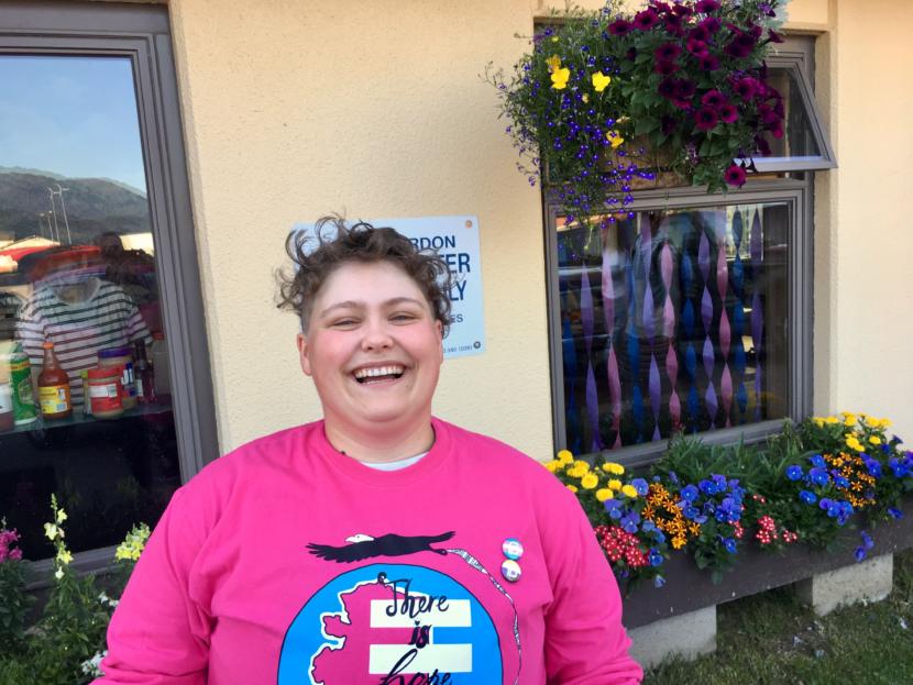 Theo "FySH" Houck outside the Zach Gordon Youth Center, which held Juneau's first youth Pride party on June 20, 2019. (Photo by Zoe Grueskin/KTOO)