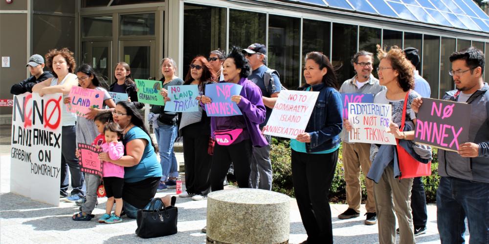 Current and former Angoon residents and supporters protest Juneau's application to annex portions of Admiralty Island on Friday, June 14, 2019. (Photo by Adelyn Baxter/KTOO)