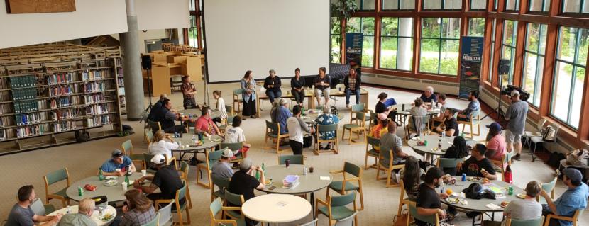 A panel of women leads a discussion at the Men's Gathering in the Egan Library at the University of Alaska Southeast on June 30, 2019.
