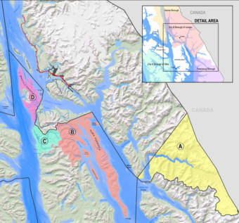 The proposed annexation areas included in CBJ's petition to the Land Boundary Commission include four tracts of land on Admiralty Island, excluding Funter Bay, and an area around Tracy Arm. (Image courtesy of City and Borough of Juneau)