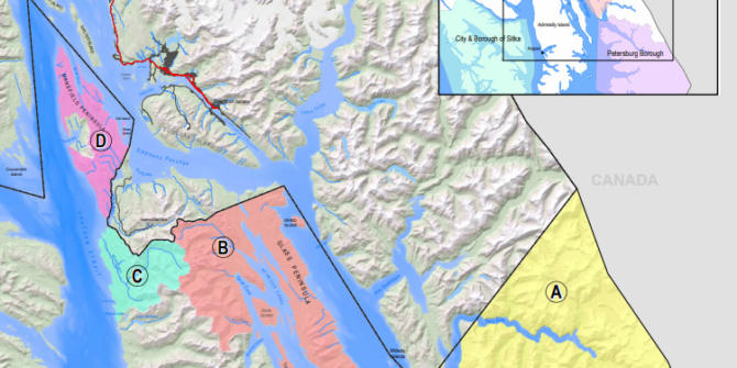 The proposed annexation areas included in CBJ's petition to the Land Boundary Commission include four tracts of land on Admiralty Island, excluding Funter Bay, and an area around Tracy Arm. (Image courtesy of City and Borough of Juneau)