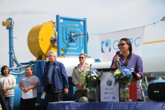 AlexAnna Salmon speaks at the launch ceremony of the RivGen commercial generator in Igiugig on July 16, 2019. (Photo by Isabelle Ross/KDLG)