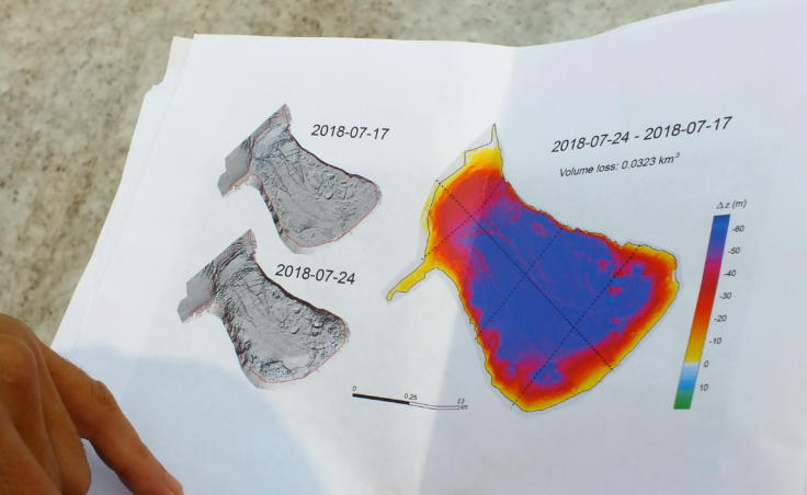 Map of Suicide Basin shows change in water depth after last year's glacial dam release. Depths are in meters.