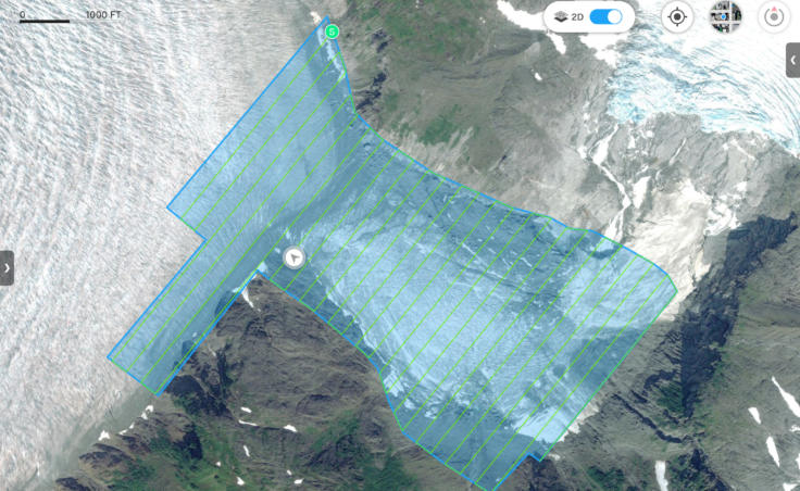 Screenshot shows paths of drone that takes high resolution photos for a height map and 3D computer model of Suicide Basin. (Courtesy of Christian Kienholz/University of Alaska Southeast)