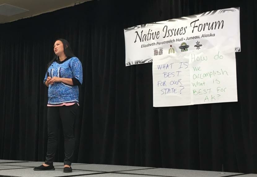 AlexAnna Salmon speaks at the Native Issues Forum held on July 30 at Elizabeth Peratrovich Hall in Juneau. She is the president of the Igiugig Tribal Village Council. (Photo by Andrew Kitchenman/KTOO and Alaska Public Media)