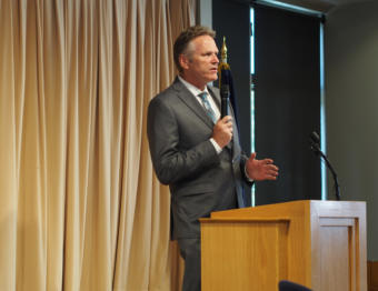 Gov. Mike Dunleavy announces to a lunchtime audience at the Chugiak-Eagle River Senior Center in Chugiak that he will restore funds for the Senior Benefits Payment Program.