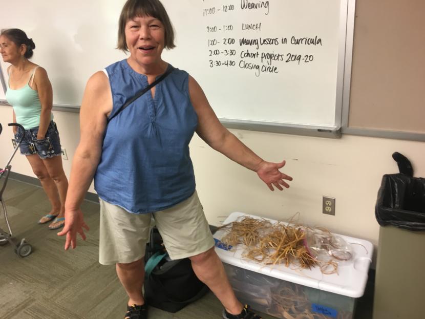 Weaver Debbie Head with class materials for a Sealaska Heritage Institute seminar for teachers on Northwest Coast arts and math on Aug. 8, 2019. (Photo by Zoe Grueskin/KTOO)