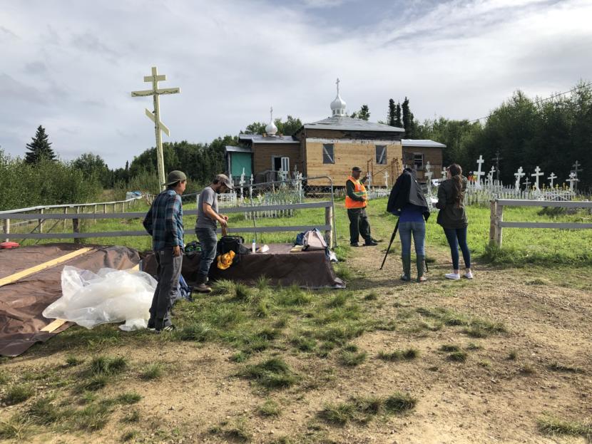 A Donlin Gold film crew interviews sub-deacon Eric Morgan Sr. about the Chuathbaluk church renovation paid for by Donlin.