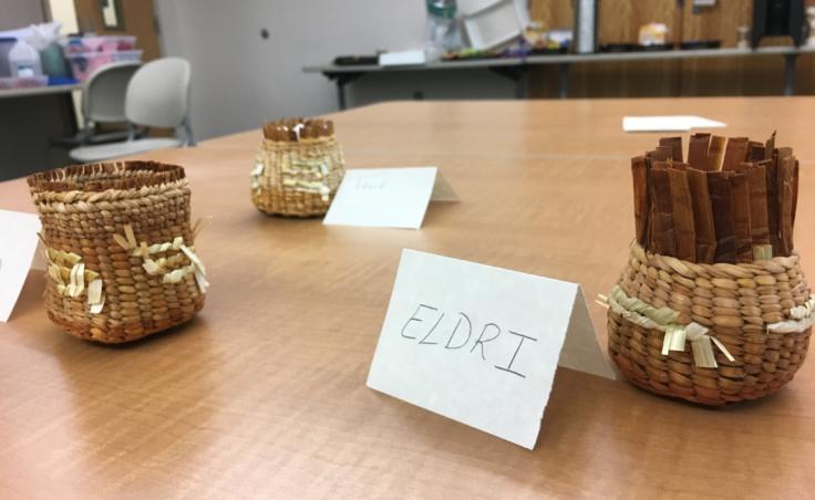 Baskets woven by students in a Sealaska Heritage Institute seminar for teachers on Northwest Coast arts and math, photographed on Aug. 8, 2019. (Photo by Zoe Grueskin/KTOO)