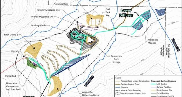 A map of the proposed excavation site, waste rock stockpiles and water diffusing system. (From the Application for Waste Management Permit for the Palmer Phase II Exploration Project.)