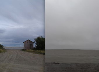 Side-by-side photos, taken from the same location, show the amount of riverbank lost in Napakiak over the past three years, comparing August 2016 to Aug. 4, 2019 following a heavy storm. (Photo by Andrew West via KYUK)