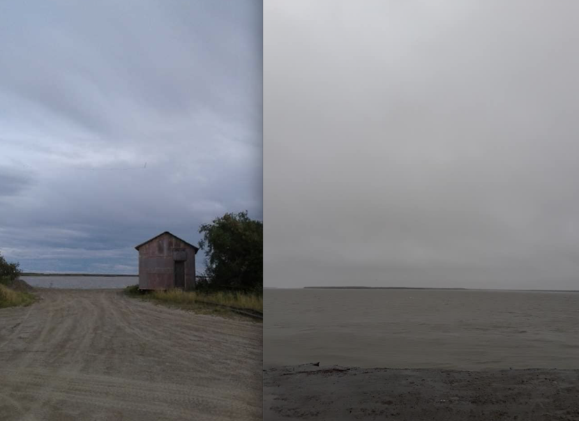 Side-by-side photos, taken from the same location, show the amount of riverbank lost in Napakiak over the past three years, comparing August 2016 to Aug. 4, 2019 following a heavy storm. (Photo by Andrew West via KYUK)