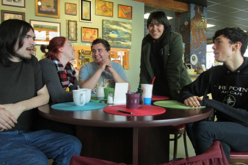 Jacob Trumble, Holly Nore, Tyler Varner, “Izm,” and Austin Kalkins meet up in a casual support group for LGBTQ people in Ketchikan in 2014. (Photo by KRBD)