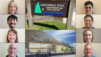Portraits, clockwise from top right: Deedie Sorensen, Martin Stepetin Sr., Bonnie Jensen, Emil Mackey, Wade Bryson, Alicia Hughes-Skandijs, Greg Smith, and Carole Triem. Middle top: Centennial Hall on June 18, 2018. Middle bottom: A rendering showing what the new Juneau Arts and Culture Center may look like.