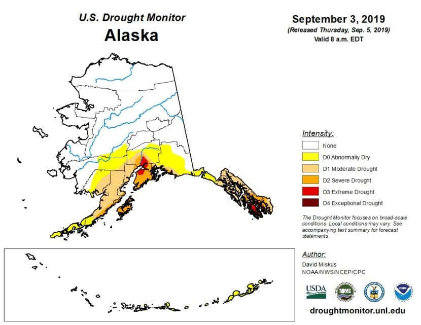 A map of Alaska showing the severity of drought conditions on Sept. 3, 2019.