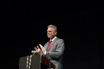 Gov. Mike Dunleavy addresses the 2019 Alaska Federation of Natives convention at the Carlson Center in Fairbanks on Oct. 17, 2019.