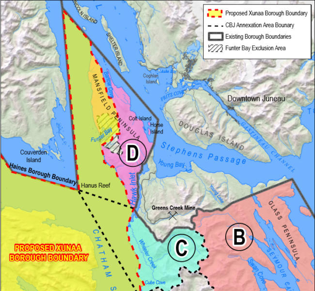 A map showing the overlap between Hoonah`s borough incorporation petition and the City and Borough of Juneau`s annexation petition. (Map courtesy of City and Borough of Juneau)