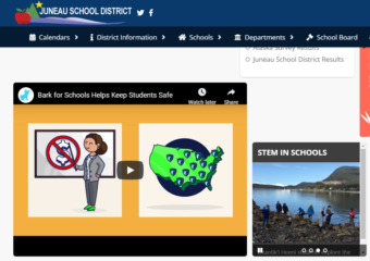 The Juneau School District posted information about Bark for Schools on its homepage, as it appears here on Oct. 31, 2019, including FAQs and an informational video produced by Bark.