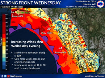 This National Weather Service image of Southeast Alaska shows maximum wind speeds and other weather details forecast for Oct. 23, 2019.