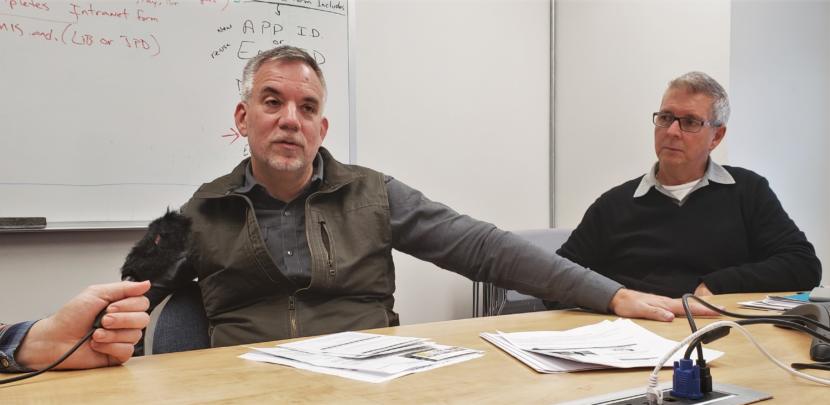 Norwegian Cruise Line Holdings executive Howard Sherman answers questions from Juneau reporters at City Hall on Wednesday, Oct. 2, 2019. Also pictured: Steve Moeller, senior vice president of commercial development for Norwegian Cruise Line Holdings.