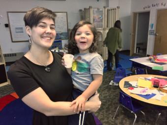 Madeline Soboleff Levy with her son Memo, a student in the Haa Yóo X̱ʼatángi Kúdi Lingít language nest, pictured in the classroom in Juneau on Oct. 9, 2019. (Photo by Zoe Grueskin/KTOO)