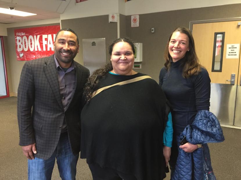 (From left) Stephen Blanchett, Vera Starbard and Mandy Mallott visited Floyd Dryden Middle School with the cast and crew of Devilfish on Oct. 10, 2019. Mallott, who helped organize the visit, says "It shouldn't matter what school a child goes to, they should all have access to the arts." (Photo by Zoe Grueskin/KTOO)