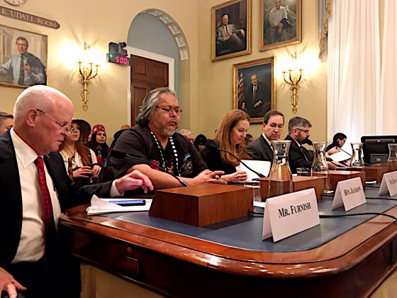 Kake Tribal Council President Joel Jackson, second from left, prepares to testify to the U.S. House Subcommittee on Public Lands. Photo: Liz Ruskin