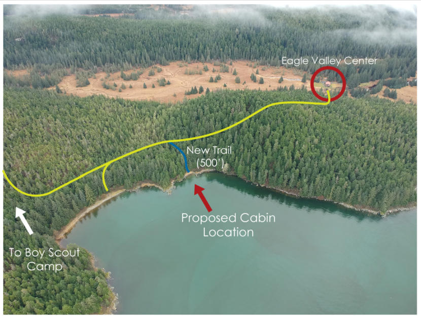 An aerial map showing the location of the new cabin the will be built at Eagle Landing Beach. (Image courtesy of City and Borough of Juneau)