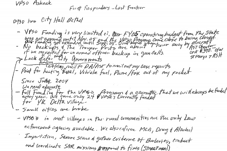 VPSO Simeon Askoak's handwritten notes from April 2005.