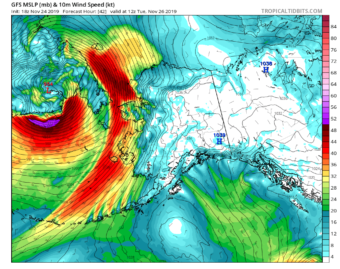 This map shows a storm inbound for the Northwest Arctic, with the color field representing wind speed. (Graphic courtesy of Rick Thoman)