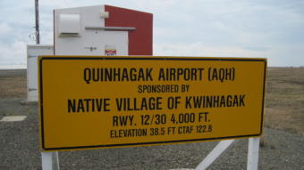 "QUINHAGAK AIRPORT (AQH) / SPONSORED BY / NATIVE VILLAGE OF KWINHAGAK / RWY. 12/30 4,000 FT. / ELEVATION 38.5 FT CTAF 122.8"