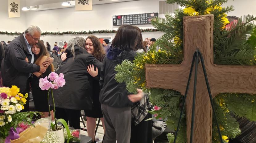 A procession of mourners embrace Abby Kelley's moms, Cecelia Williams, left, and Christina Vazquez, after funeral services on Dec. 1, 2019, at the Tlingit and Haida Community Center in Juneau. Abby Kelley died Nov. 21, 2019, after the car she was riding in sped off the road. A procession of mourners embrace Abby Kelley's moms, Cecelia Williams, left, and Christina Vazquez, after funeral services on Dec. 1, 2019, at the Tlingit and Haida Community Center in Juneau. Abby Kelley died Nov. 21, 2019, after the car she was riding in sped off the road.