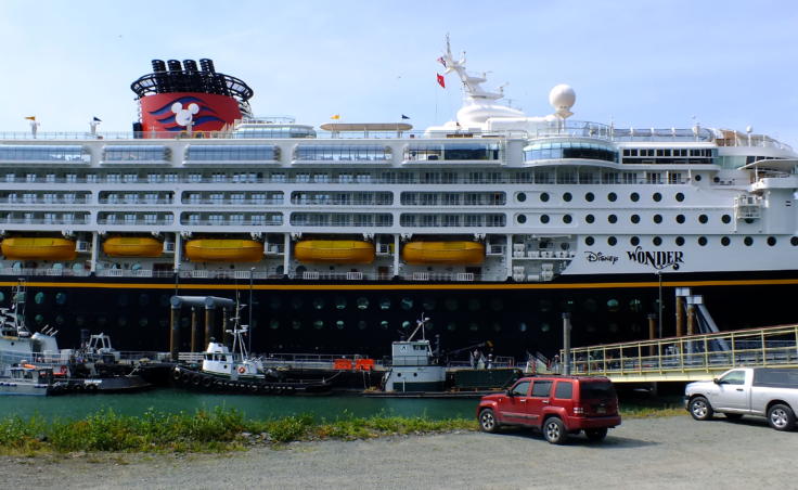 The Disney Wonder cruise ship – and its yellow lifeboats – stopped in Juneau on a regular basis in the summer 2019. (Photo by Matt Miller/KTOO)