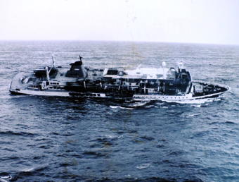 The Prisendam lists and is adrift in the middle of the Gulf of Alaska in October 1980. Passengers and crew evacuated the vessel after a fire crippled the Holland America cruise ship. (Photo courtesy of U.S. Coast Guard)