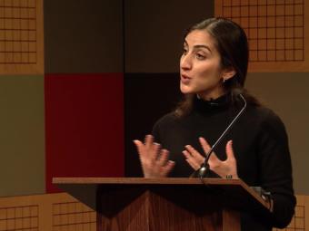 Reem Yusuf, an environmental policy adviser in the United Kingdom’s Foreign and Commonwealth Office in San Francisco, speaks to the Juneau World Affair Council at KTOO in Juneau on Feb. 28, 2019. She was discussing the UK’s long-term plan to transition to a low-carbon economy.
