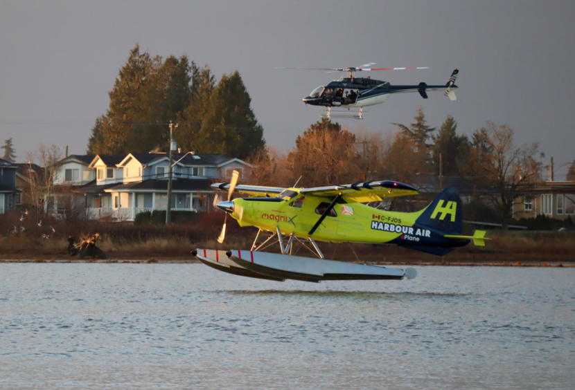 A de Havilland Beaver floatplane converted to electric battery-powered propulsion prepares to land on the Fraser River in Richmond, British Columbia, on Dec. 10, 2019.