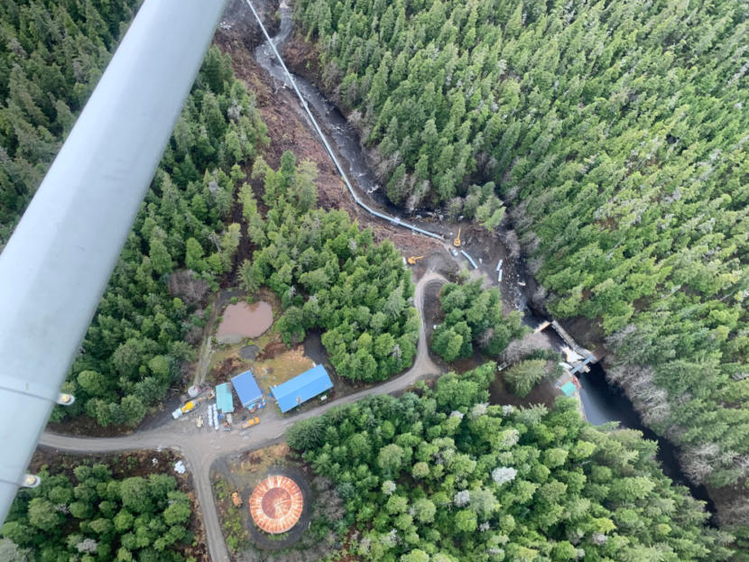 A aerial view of a dam under construction.