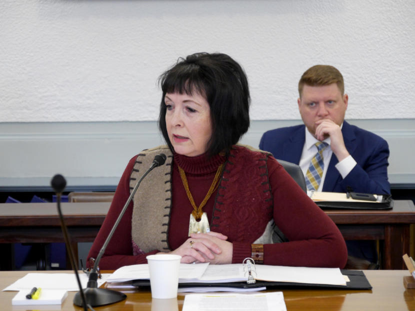 Sen. Shelley Hughes, R-Palmer, discusses the report produced by the Bicameral Permanent Fund Working Group. The group held its last meeting on Monday, Jan. 20, 2020, in the Capitol in Juneau. Photo by Skip Gray/360 North