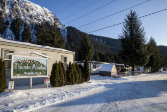The sun sets on Friday, January 17, 2019 at the Thunder Mountain Mobile Park in Juneau, Alaska. Residents are currently under a boil water notice after several days of low-pressure. (Photo by Rashah McChesney/KTOO)