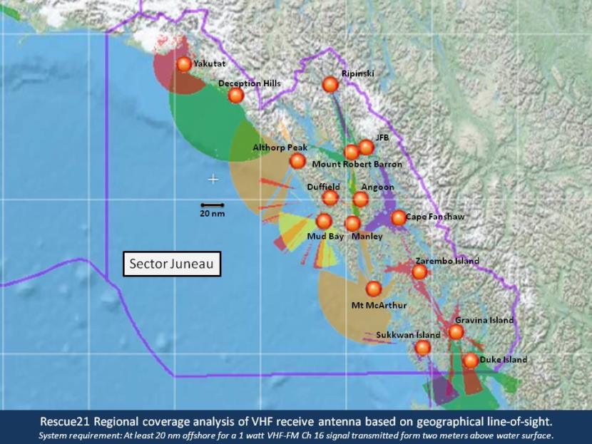 A map showing VHF signal coverage areas in Southeast Alaska.