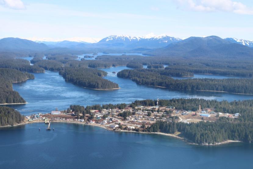 An aerial view of Angoon, a small coastal village in Southeast Alaska.