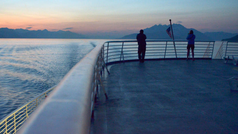 Alaska Marine Highway System ferry Malaspina plies the waters of Lynn Canal in route from Haines to Juneau in Southeast Alaska, August 14, 2012. Lion’s Head Mt. and Berners Bay are in the background, right. (Photo by Kelli Berkinshaw/KTOO)