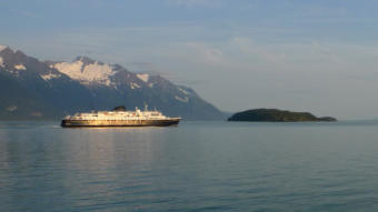 Alaska Marine Highway System ferry Malaspina plies the waters of Lynn Canal in route from Haines to Juneau in Southeast Alaska, August 15, 2012. (Photo by Kelli Berkinshaw/KTOO)