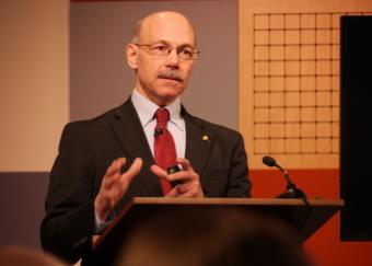 Mike Sfraga discusses Arctic issues during a Juneau World Affairs Council presentation at KTOO in Juneau on Feb. 6, 2020.