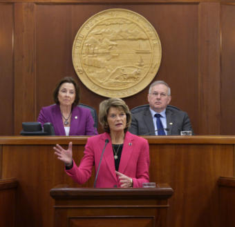 U.S. Sen. Lisa Murkowski, R-Alaska, gives her annual address to the Alaska Legislature in Juneau on Tuesday, Feb. 18, 2020.