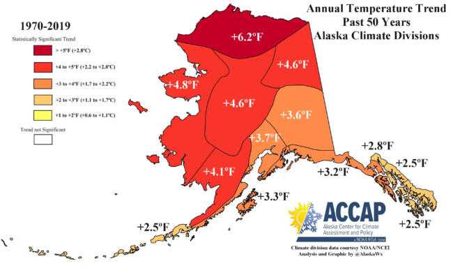 Map with temperature trends across the state over 50 years