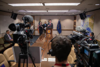 Alaska Gov. Mike Dunleavy speaks about the state's COVID-19 response from the Atwood Building in Anchorage on March 20, 2020.