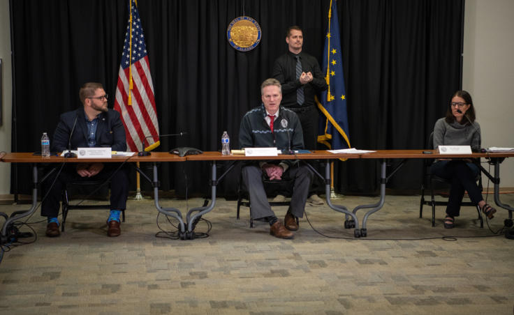 Alaska officials hold an extended panel press conference about COVID-19 from the Atwood Building in Anchorage on March 25, 2020.